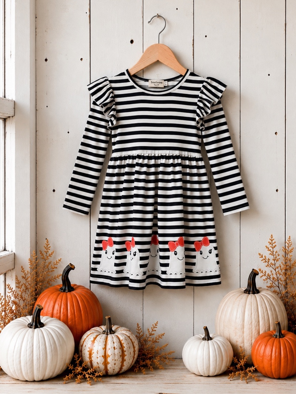 NWT Rylee Faith Designs Black White Stripe Flutter Sleeve Ghost Dress Girls 5/6